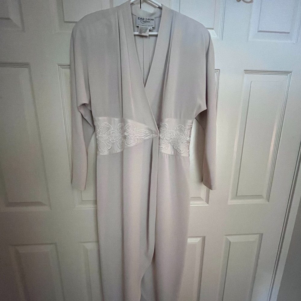 Daymor Couture Dress Long Cream Wrap Style Maxi Beaded Embroidered Waist Size 14